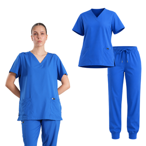 Ensemble de blouses bleues pour femmes, haut à col en V avec poches et pantalon de jogging, uniformes d'hôpital, tissu polyester tissé - Product Image 1