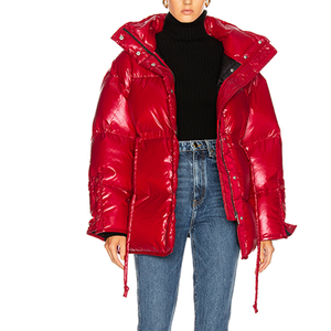 Chaqueta Acolchada Roja de PU con Cuello Alto, Cierre de Cremallera, Impermeable, Informal, de Invierno, Color Sólido, Gruesa, Corta, de Manga Larga - Product Image 2
