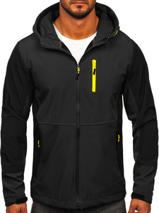 Men's Black Hooded Puffer <b>Jacket</b> With Yellow Zippers Windproof Casual Autumn Wear Regular Fit Polyester Material - Product Image 2