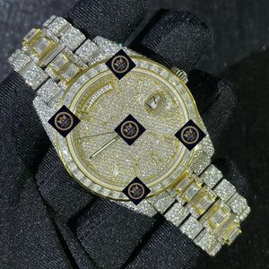 Montre automatique à quartz mécanique en acier inoxydable entièrement sertie de moissanite, or jaune, style hip-hop de luxe, bijoux impériaux, date, 42 mm - Product Image 1