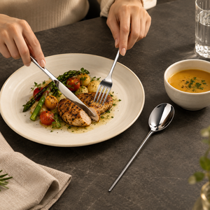 Ensemble de couverts en acier inoxydable poli miroir de qualité supérieure, collection de salle à manger en trois pièces | Ensemble élégant de fourchettes, couteaux et cuillères en argent pour la table - Product Image 4