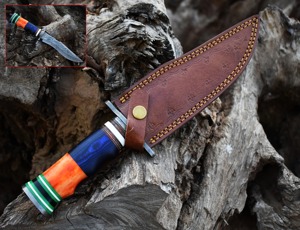 Handmade Bowie <b>knife</b> in Damascus steel wood+<b>bone</b> <b>handle</b> with leather sheath - Product Image 6