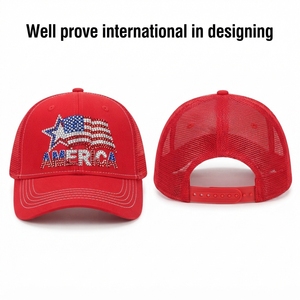 Gorra Trucker Ajustable de 5 Paneles en Lona Roja de 240 g/m² con Pedrería Termoadhesiva, Bandera Americana, Cristal y Logotipo Personalizado, para las Cuatro Estaciones - Product Image 1
