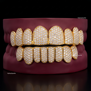 Grillz Personalizados con Incrustaciones de Diamantes Moissanite VVS en Plata de Ley 925, Joyería Hip Hop, Diseño Completo en Oro para Hombres y Mujeres - Product Image 1