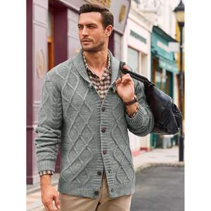 2025 ODM Supply <b>Men's</b> Casual Plaid Cable Knit <b>Cardigan</b> Sweater with <b>Shawl</b> <b>Collar</b> and Button Twisted Design for Fall Winter - Product Image 1