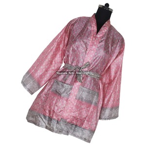 KS002 Hermoso Kimono Sari Vintage, Túnica Corta, Estampado Floral de Verano, Estilo Bohemio, Manga Larga, Holgado, para Vacaciones - Product Image 2