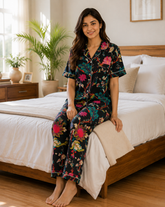 Ensemble de pyjama décontracté pour femme 100 % coton, imprimé floral, noir, manches courtes, doux et respirant, idéal pour l'été - Product Image 4