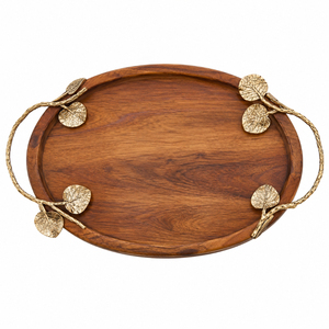 Plateau de service moderne en bois de manguier avec poignées florales en métal doré, plateau décoratif en bois de qualité supérieure avec accents floraux en émail bleu - Product Image 6
