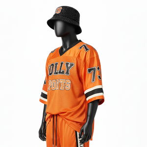 Camiseta de fútbol para hombre, de poliéster, malla ligera y transpirable, estilo panel naranja y negro, 100% algodón, corte holgado, estampada. - Product Image 4