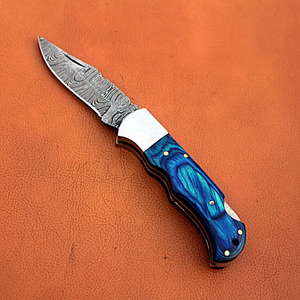 Couteau de poche utilitaire haut de gamme en acier Damas de qualité industrielle, pointe tombante, fait main, OEM, pour survie en extérieur, manche en bois Pakka, garantie 3 ans - Product Image 2