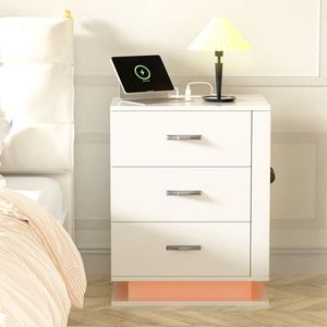 Comodino Bianco con 3 Cassetti Lato Sinistro, Stazione di Ricarica LED RGB con Porte USB - Product Image 1