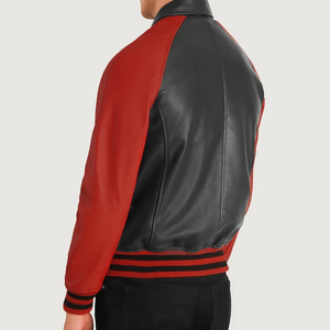 Men's Black <b>Red</b> Color Block Genuine Leather Eco-Friendly Winter Bomber <b>Jacket</b> Breathable <b>Waterproof</b> Windproof Moto Biker Style - Product Image 4
