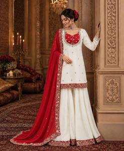 Women Traditional Indian Pakistani Silk Embossed All Seasons Wedding Dress <b>White</b> Purple Embroidered Floor-Length Salwar Set - Product Image 3