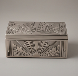 Caja de Metal Art Deco de Lujo para Frutos Secos, Elegante Contenedor de Almacenamiento con Diseño Vintage de Rayos de Sol, Empaque Metálico Premium para Regalo - Product Image 1