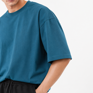 เสื้อยืดผู้ชายโอเวอร์ไซส์ผ้าฝ้ายเจอร์ซีย์สีพื้น แขนสั้น คอกลม ทรงลำลอง สีน้ำเงิน - Product Image 5