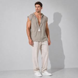 Haut unisexe sans manches à capuche en polyester/coton, couleur unie, boutonné devant, coupe classique, décontracté, pour l'été, séchage rapide, respirant - Product Image 2