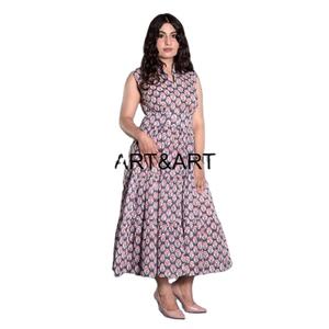 Robe midi décontractée pour femmes, tenue de soirée formelle, imprimé à la main sur coton, sans manches, décoration plissée, douce, naturelle, lavable - Product Image 5