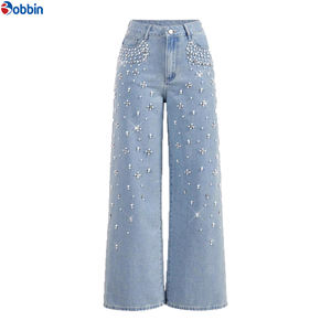 กางเกงยีนส์เดนิมประดับลูกปัดสำหรับผู้หญิง กางเกงยีนส์เดนิมประดับเพชรสำหรับผู้หญิง กางเกงยีนส์ผู้หญิงวิบวับ ประดับเพชร คุณภาพสูง เอวสูง - Product Image 5