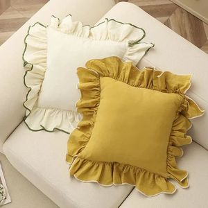 Ruffle Square Cotton <b>Pillow</b> Cover Yellow <b>White</b> Green Trim Decorative Cushion <b>Case</b> Reusable Home Textile Style De Maison India - Product Image 1