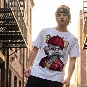 T-shirt blanc pour homme imprimé avec un motif de loup, manches courtes, col rond, style streetwear, jersey 100% coton, écologique, respirant - Product Image 6