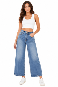 Jean en denim taille haute pour femme, coupe palazzo ample et droite, bleu, élégant et décontracté, style oversize - Product Image 2