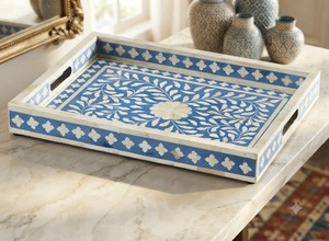 Bandeja Rectangular Decorativa de Madera Moderna con Incrustaciones de Hueso Azul, con Diseño Floral, para Mesas de Comedor en Hogares y Hoteles - Product Image 4