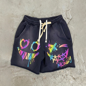 Shorts en toile personnalisés pour hommes, respirants, taille mi-haute élastique, logo vieilli, délavés à l'acide, entrejambe de 5 pouces, style décontracté urbain, très tendance - Product Image 1