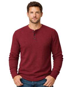 T-shirt thermique à manches longues pour homme, col Henley, en tissu gaufré, couleur bordeaux, décontracté, avec boutons, pour l'hiver, en coton, coupe ajustée, respirant - Product Image 1