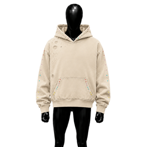 Sudadera con Capucha Oversize Beige Desgastada para Hombre con Tachuelas Coloridas y Bolsillos Decorados con Pedrería, Ajuste Regular, Ropa de Invierno, TENDENCIA DE ALTA MODA - Product Image 1