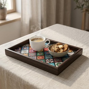 Rehman Craft Rectangular <b>Wooden</b> Serving Tray <b>Dark</b> Walnut Frame Colorful Mandala Tile Pattern Base Modern Food Grade Durable Tray - Product Image 4
