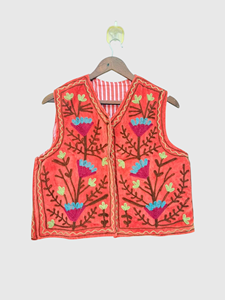 Gilet en velours orange brodé de fleurs pour femme, style bohème, sans manches, fait main, col en V, vêtement d'extérieur - Product Image 1