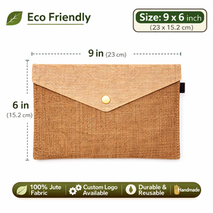 Eco Friendly Lady Bohemian Minimalist Jute File Folder Clutch Envelope with Button Closure Corporate <b>Document</b> Organizer <b>Bag</b> - Product Image 5