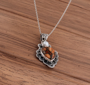 Collar con Dijes de Piedras Preciosas de Ostra Espinosa, Unisex, al por Mayor, con Engaste Vintage de Plata de Ley 925, Turquesa, Cobre Naranja y Perla - Product Image 5