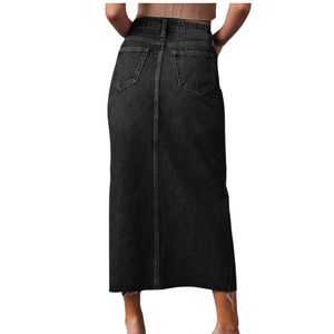 Jupe longue en jean taille haute pour femme, bleu moyen, avec fente avant et ourlet brut, coupe droite, style décontracté streetwear d'été - Product Image 4