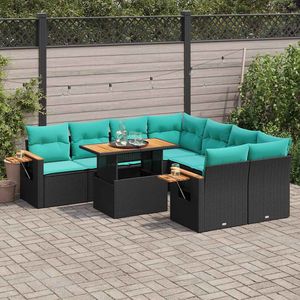 Ensemble de canapés de patio en polyrotin noir, 9 pièces, avec coussins, meubles d'extérieur élégants - Product Image 1