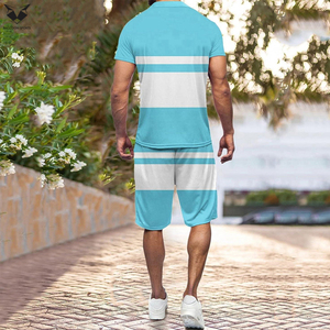 Conjunto de Verano de Alta Calidad para Hombre, Precio al por Mayor, Conjunto de 2 Piezas de Camiseta Polo y Pantalones Cortos Azul Cielo, Estilo Casual con Parches - Product Image 6
