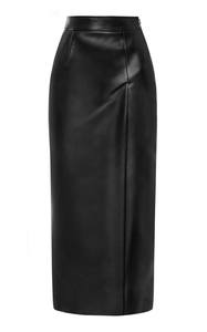 Jupe crayon mini vintage en cuir véritable et satin, taille naturelle, noire unie, respirante, pour femme, avec design plissé et fente, idéale pour le bureau - Product Image 4