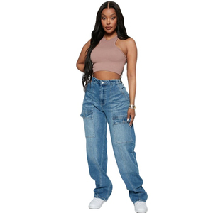 Pantalones Cargo de Cintura Alta con Cuatro Bolsillos y Cintura Elástica para Mujer, 100% Algodón, Precio Económico, Venta al Por Mayor, OEM - Product Image 1