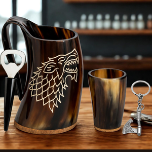 Mug à boire court en corne naturelle avec ouvre-bouteille, sac en jute fantaisie, fait main, thème Viking, objet d'art et de collection, idée cadeau unique - Product Image 1