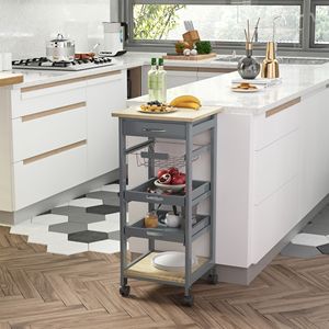 Chariot de cuisine roulant gris moderne avec plateau coulissant, panier réglable, matériaux durables en métal, plastique, bois, MDF et fer - Product Image 2