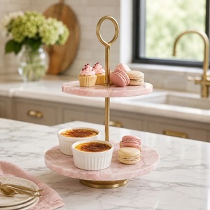 Two-Tier <b>Pink</b> Marble Cake Stand with Gold <b>Frame</b> Reusable Hand Wash Only - Product Image 1