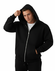 Sudadera con Capucha Negra Lisa Unisex de Alta Calidad, con Cierre Completo, Forro Polar Grueso y Cálido, Estilo Casual Urbano, OEM 100% Algodón, Invierno - Product Image 1