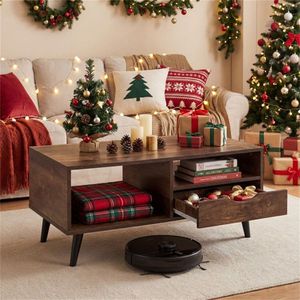 36.5\" Rustic <b>Walnut</b> Engineered Wood Coffee <b>Table</b> with Drawer and Open Shelves for Living Room - Product Image 2