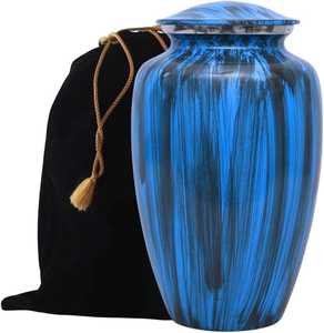 Teal Blue Glass Cremation Urn with Vertical <b>Brush</b> Pattern and <b>Velvet</b> Storage Bag for Elegant Ashes Memorial - Product Image 6