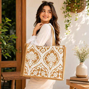 Sac fourre-tout de luxe en jute imprimé pour le shopping, les voyages, les courses – Sac à main écologique réutilisable – Collection Premium Utilitaire Quotidienne - Product Image 3