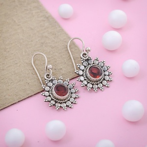 Elegant Garnet Floral Dangle Earrings Sterling Silver Vintage-Inspired Red Gemstone Drop Earrings for Women - Product Image 1