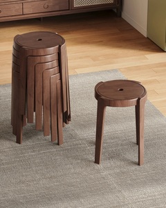 Tabouret rond moderne en bois massif, chaise ottoman en bois, siège de 32 cm, dossier de 45 cm, assise sans dossier pour salle à manger - Product Image 5