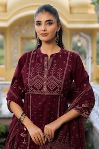 Premium 60x60 Cotton Anarkali Suit Set for <b>Women</b> Maroon Ethnic <b>Kurta</b> Pant Dupatta Set Wholesale - Product Image 3