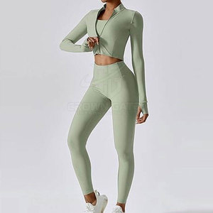 Wholesale Made Custom 3 Piece Crop Top <b>Set</b> Seamless Sportswear Outfit With Long Sleeve Jacket Bra And Leggings - Product Image 6