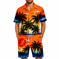 Conjunto de Ropa de Playa Tropical Casual para Hombre, 100% Poliéster, Estampado de Palmeras al Atardecer, Camisa Hawaiana Transpirable y Pantalones Cortos